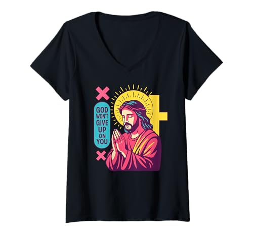 Damen Jesus Anime Christian Manga Retro Faithwave Gebet Pop Art T-Shirt mit V-Ausschnitt Damen Jesus Anime Christian Manga Retro Faithwave Gebet Pop Art T-Shirt mit V-Ausschnitt von Faithwave Anime Manga Retro Christian Art