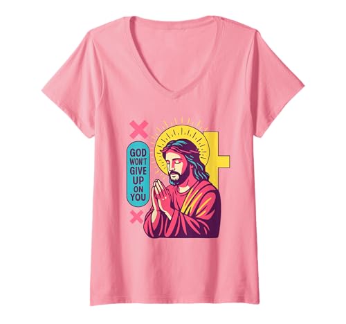 Damen Jesus Anime Christian Manga Retro Faithwave Gebet Rosa Kunst T-Shirt mit V-Ausschnitt Damen Jesus Anime Christian Manga Retro Faithwave Gebet Rosa Kunst T-Shirt mit V-Ausschnitt von Faithwave Anime Manga Retro Christian Art