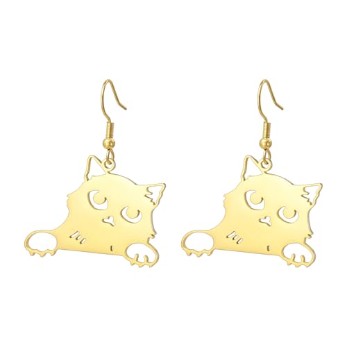 Fajewellery Katze mit Kopf Ohrringe Edelstahl Niedlich Haustier Kitty Ohrhänger Schmuck Für Katzenliebhaber Frauen Damen (Gold) von Fajewellery