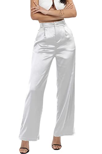 Damen Satin Seidig Gerades Bein Kleid Casual Stretch Hose Business Hose, White Straight01, X-Groß von Fakanhui