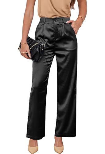 Fakanhui Damen Satin Seidig Kleid Casual Elastisch Hohe Taille Stretch Elegante Hose Hose, Black Z01 Wide Leg, Groß von Fakanhui