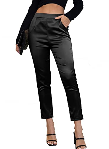 Fakanhui Damen-Satin-Hose, seidig, lässig, elastisch, hohe Taille, Stretch, elegant, Black01, Groß von Fakanhui