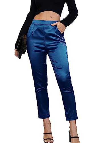 Damen Satin Seidiges Kleid Casual Elastische Hohe Taille Stretch Elegante Hosen Hosen, C03 Blue Chic, M von Fakanhui