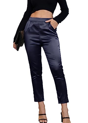 Fakanhui Damen Satin Seidig Kleid Casual Elastisch Hohe Taille Stretch Elegante Hose Hose, C03 Blue Dark, M von Fakanhui