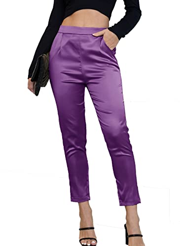 Fakanhui Damen Satin Seidig Kleid Casual Elastisch Hohe Taille Stretch Elegante Hose Hose, C03 Lila, M von Fakanhui