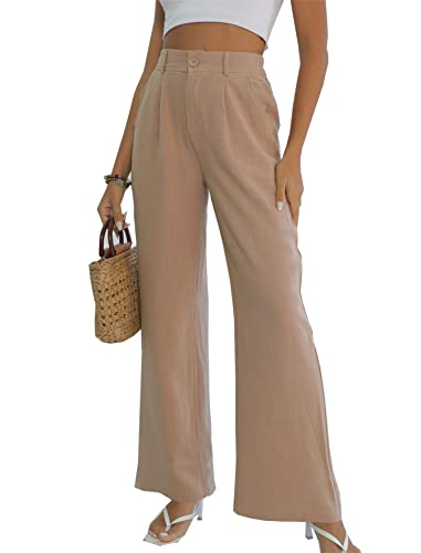 Fakanhui Damenhose aus Baumwollleinen, weites Bein, hohe elastische Taille, leger, Business-Arbeitshose, Khaki-Leinen01, Groß von Fakanhui