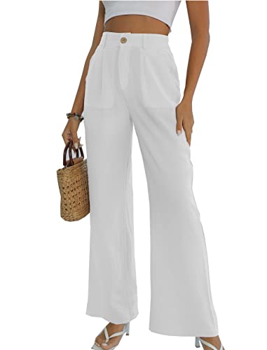 Fakanhui Damenhose aus Baumwollleinen, weites Bein, hohe elastische Taille, leger, Business-Arbeitshose, Weißes Leinen 01, X-Groß von Fakanhui