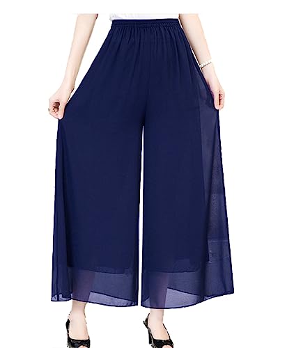 Fakanhui Damen-Palazzo-Hose aus Chiffon, weites Bein, hohe elastische Taille, lässig, fließend, Business-Hose, Chiffon01 Blau, M von Fakanhui