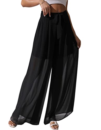 Fakanhui Damen Chiffon Weite Bein Palazzo Hose Hohe Elastische Taille Casual Flowy Business Hose, Durchsichtiger Teil schwarz, X-Groß von Fakanhui