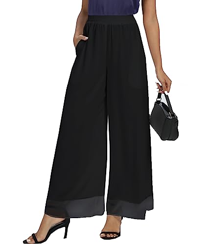 Fakanhui Damen-Palazzo-Hose aus Chiffon, weites Bein, hohe elastische Taille, lässig, fließend, Business-Hose, Schwarzes Chiffon, Groß von Fakanhui