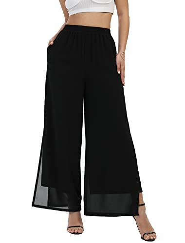 Damen Chiffon-Hose mit weitem Bein, Palazzo-Hose, geteilt, elegant, lässig, Strandparty, lange Hose, Split Black Long, XX-Large von Fakanhui
