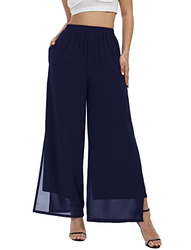 Fakanhui Damen Chiffon Weite Bein Palazzo Hose Hohe Elastische Taille Casual Flowy Business Hose, Split Blue Long, M von Fakanhui