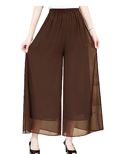 Fakanhui Damen Chiffon Wide Leg Palazzo Pants Hohe Elastische Taille Casual Flowy Business Hosen, Chiffon01 Braun, S von Fakanhui