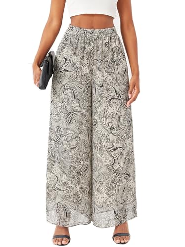 Fakanhui Damen Chiffon Wide Leg Palazzo Pants Hohe Elastische Taille Casual Flowy Business Hosen, Floral D, X-Groß von Fakanhui