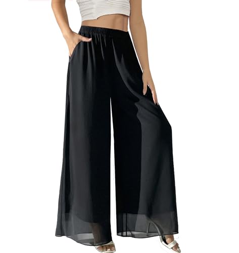 Fakanhui Damen-Palazzo-Hose aus Chiffon, weites Bein, hohe elastische Taille, lässig, fließend, Business-Hose, Schwarzes Chiffon, X-Large Kurze Schlauch von Fakanhui