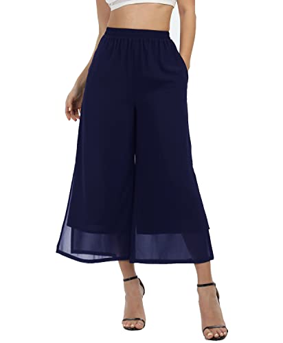 Fakanhui Damen Chiffon Wide Leg Palazzo Pants Hohe Elastische Taille Casual Flowy Business Hosen, Split Blue Short, X-Groß von Fakanhui