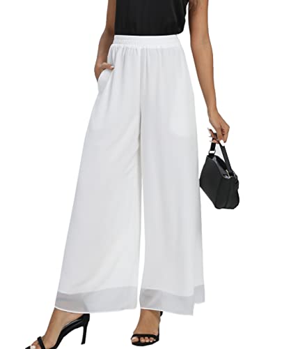 Fakanhui Damen Chiffon Wide Leg Palazzo Pants Hohe Elastische Taille Casual Flowy Business Hosen, Weißer Chiffon01, M von Fakanhui