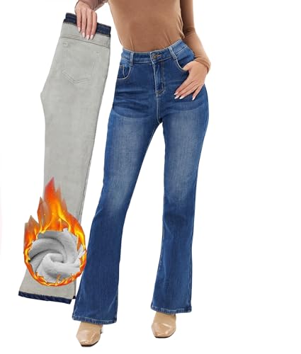 Fakanhui Damen Fleece Gefüttert Jeans Ausgestellt Bootcut Winter Thermo Flanell Gefüttert Jeans Warm Denim Jeans, Blau Normal, Medium Kurze Schlauch von Fakanhui