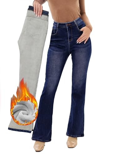 Fakanhui Damen Fleece Gefüttert Jeans Ausgestellt Bootcut Winter Thermo Flanell Gefüttert Jeans Warm Denim Jeans, Blau dunkel, S von Fakanhui