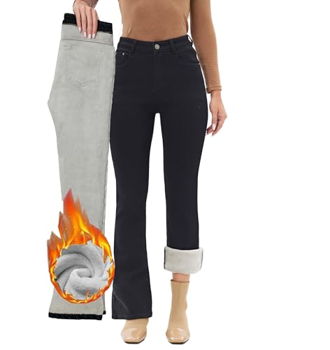 Fakanhui Damen Fleece Gefüttert Bootcut Jeans - Winter Thermo Flanell Warm Denim, Schwarz, M von Fakanhui
