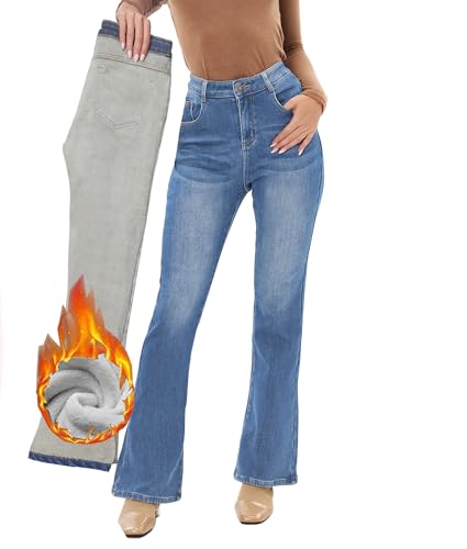 Fakanhui Damen Fleece Gefüttert Bootcut Jeans - Winter Thermo Flanell Warm Denim, Hellblau, M von Fakanhui