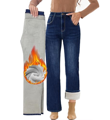 Fakanhui Damen Fleece Gefüttert Weites Bein Jeans Winter Thermo Flanell Lose Casual Warm Jeans, Blau (B), Small Kurze Schlauch von Fakanhui
