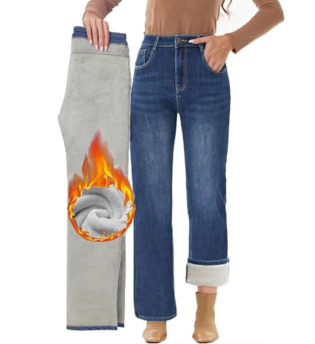 Fakanhui Damen Fleece Gefüttert Weites Bein Jeans Winter Thermo Flanell Lose Casual Warm Jeans, Blau a, Small Kurze Schlauch von Fakanhui