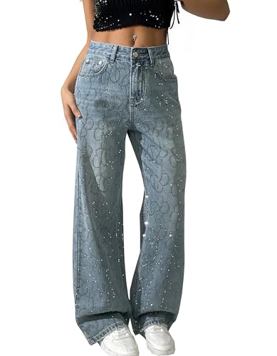 Fakanhui Damen Jeans mit glitzernden glänzenden Strass-Perlen, weites Bein, Hose, Pailletten, Party, Club, Ausgehen, Straßen-Outfits, Hell, blau, S von Fakanhui