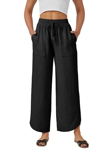Fakanhui Damen-Leinenhose, Sommer, lässig, Caprihose, 7/8, weites Bein, luftig, locker, Strand, Lounge-Hose, Schwarz, XX-Large von Fakanhui