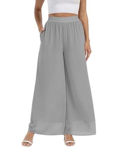 Fakanhui Damen-Palazzo-Hose aus Chiffon, weites Bein, hohe elastische Taille, lässig, fließend, Business-Hose, Chiffon01 Grau, Groß Fakanhui Damen-Palazzo-Hose aus Chiffon, weites Bein, hohe elastische Taille, lässig, fließend, Business-Hose, Chiffon01 Grau, Groß von Fakanhui