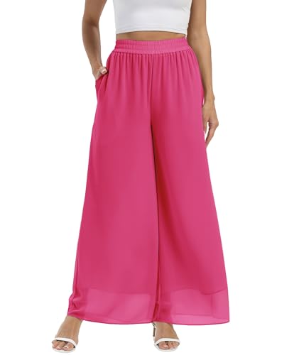 Fakanhui Damen-Palazzo-Hose aus Chiffon, weites Bein, hohe elastische Taille, lässig, fließend, Business-Hose, Chiffon01 Pink Dark, M von Fakanhui