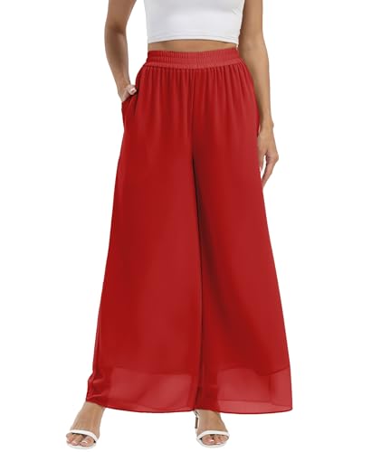 Fakanhui Damen-Palazzo-Hose aus Chiffon, weites Bein, hohe elastische Taille, lässig, fließend, Business-Hose, Chiffon01 Rot, X-Groß von Fakanhui