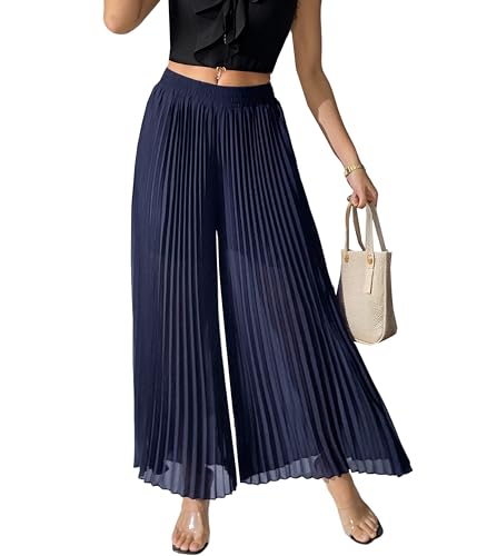 Fakanhui Damen Palazzo-Hose mit weitem Bein, Chiffon, plissiert, lässig, Sommer, Strand, Urlaub, bauchfreie Hose, Culottes, Blau, M von Fakanhui