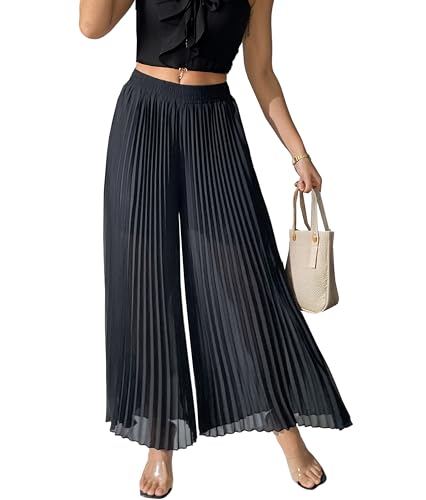 Fakanhui Damen Palazzo-Hose mit weitem Bein, Chiffon, plissiert, lässig, Sommer, Strand, Urlaub, bauchfreie Hose, Culottes, Schwarz, M von Fakanhui