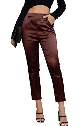 Fakanhui Damen Satin Seidig Kleid Casual Elastisch Hohe Taille Stretch Elegante Hose Hose, C03 Braun, Groß von Fakanhui