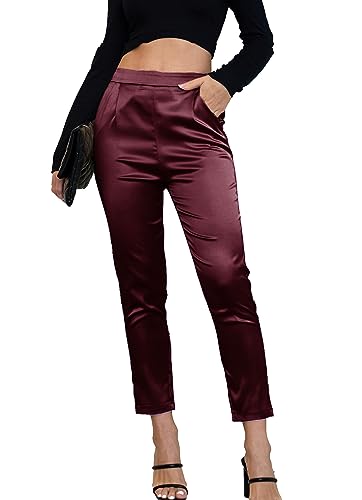 Fakanhui Damen Satin Seidig Kleid Casual Elastisch Hohe Taille Stretch Elegante Hose Hose, C03 Burgandy, XX-Large von Fakanhui