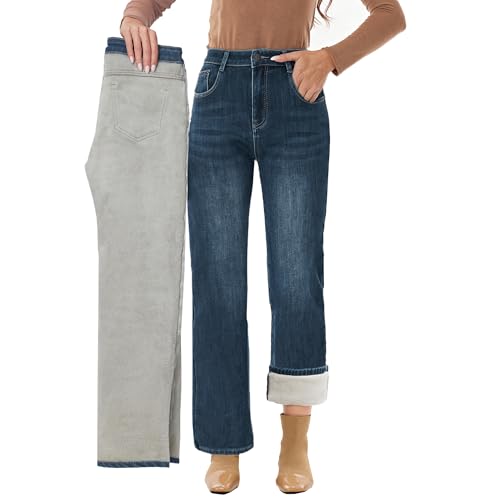 Fakanhui Damen Weites Bein Fleece Gefüttert Jeans Schwarz Winter Thermo Flanell Gefüttert Lose Casual Warm Jeans, Blau getragen, X-Groß von Fakanhui