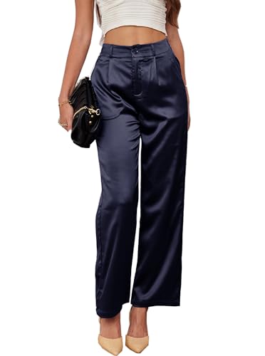 Fakanhui Hose mit weitem Bein für Damen, Arbeit, Party, Hochzeit, Freizeit, Satin, Ausgehen, Hose, Blau dunkel, XX-Large von Fakanhui