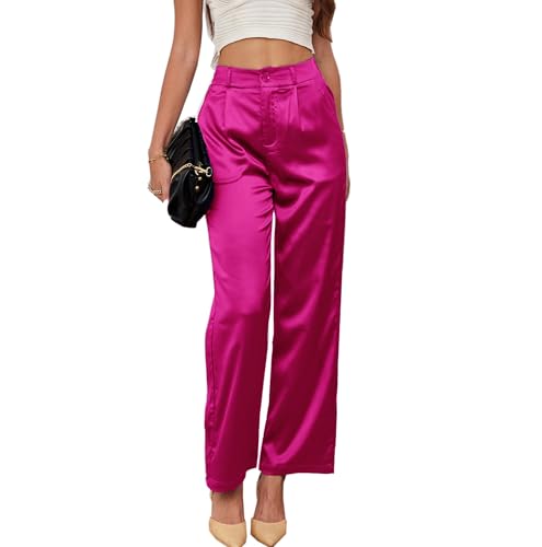 Fakanhui Hose mit weitem Bein für Damen, Arbeit, Party, Hochzeit, Freizeit, Satin, Ausgehen, Hose, Rosenrot, X-Klein von Fakanhui