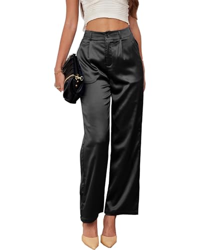 Fakanhui Hose mit weitem Bein für Damen, Arbeit, Party, Hochzeit, Freizeit, Satin, Ausgehen, Hose, Schwarz, Large Kurze Schlauch Fakanhui Hose mit weitem Bein für Damen, Arbeit, Party, Hochzeit, Freizeit, Satin, Ausgehen, Hose, Schwarz, Large Kurze Schlauch von Fakanhui