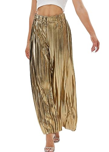 Fakanhui Palazzohose Damen Metallic Weites Bein Gold Silber Casual Kleid Abendparty Clubwear Hose, golden, M von Fakanhui