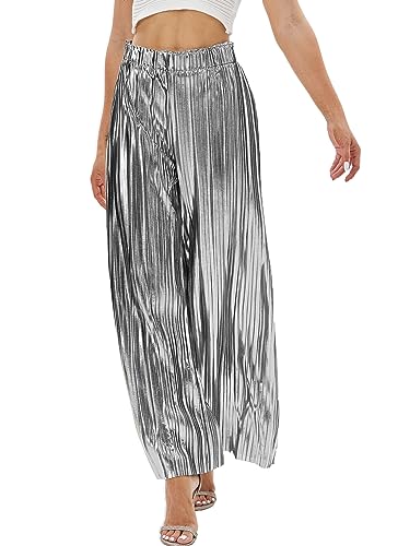 Fakanhui Palazzohose Damen Metallic Weites Bein Gold Silber Casual Kleid Abendparty Clubwear Hose, silberfarben, XL von Fakanhui