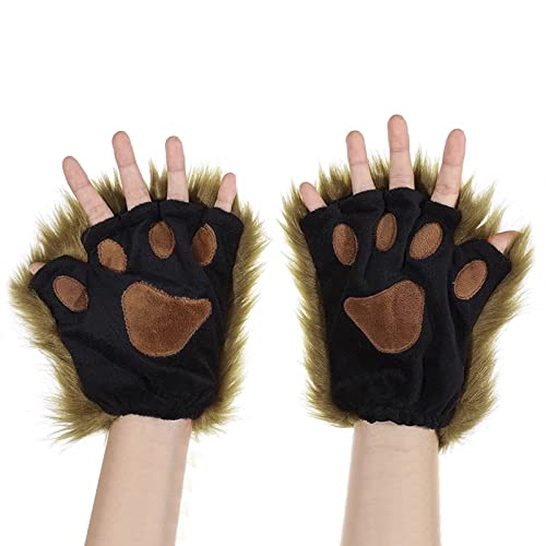 FakeFace Home Damen Mädchen Handschuhe Flauschige Fingerlose Fäustlinge Winterhandschuhe Niedlichen Katzen Bären Katzen Fuchs warme Winter halbe Fingerhandschuhe (Braun-1) von FakeFace Home