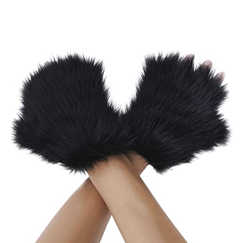 FakeFace Home Damen Mädchen Handschuhe Flauschige Fingerlose Fäustlinge Winterhandschuhe Niedlichen Katzen Bären Katzen Fuchs warme Winter halbe Fingerhandschuhe (Schwarz-1) von FakeFace Home