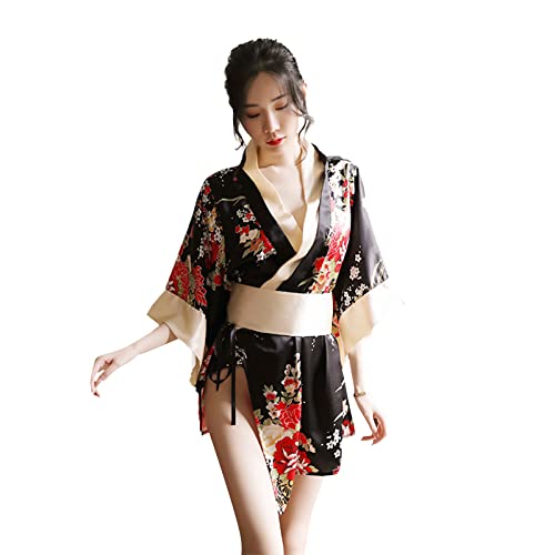 Damen Bademantel Damen Kurz mit G-String Gürtel, Kimono Robe Morgenmantel Sexy V-Ausschnitt Leicht Seide Satin Pyjama Reizwäsche Nachtwäsche Bademantel Dessous Set, Blumen Muster (Schwarz) von FakeFace