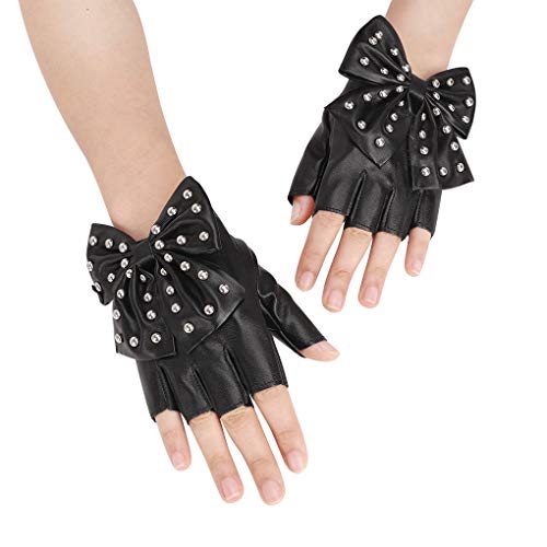 Damen Herren Fingerlos Handschuhe mit Schleife Punk Hip Hop Half-Fingerhandschuhe Fäustlinge aus PU Leder für Bühnenauftritte, Party, Club, Festivals, Halloween (A-Schwarz) von FakeFace