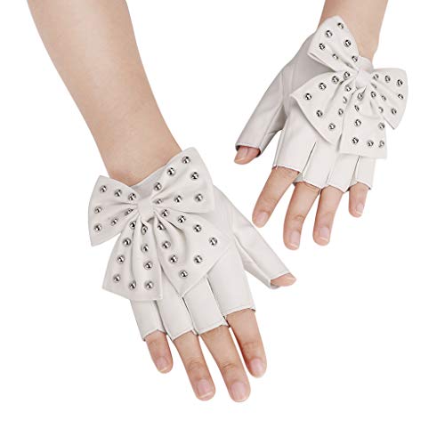 Damen Herren Fingerlos Handschuhe mit Schleife Punk Hip Hop Half-Fingerhandschuhe Fäustlinge aus PU Leder für Bühnenauftritte, Party, Club, Festivals, Halloween (A-Weiß) von FakeFace