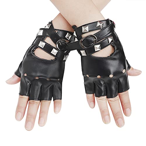 Damen Herren Fingerlos Handschuhe mit Schleife Punk Hip Hop Half-Fingerhandschuhe Fäustlinge aus PU Leder für Bühnenauftritte, Party, Club, Festivals, Halloween (B-Schwarz) von FakeFace