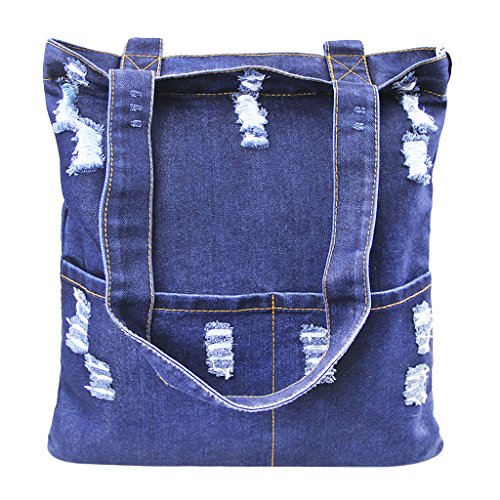 FakeFace Damen Jeans Canvas Leinwand Umhängetasche Messenger Bag Handtasche Schultertasche Tasche Löcher Muster Hellblau & Dunkelblau von FakeFace