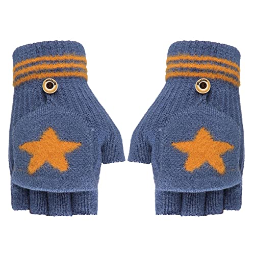 Fäustlinge mit Knopf Klappe Fingerlose Halb Handschuhe für Kinder Winter Warm Strickhandschuhe Fingerhandschuh Winterhandschuhe 4-10 Jahre alt Jungen Mädchen (Blau-Star) von FakeFace